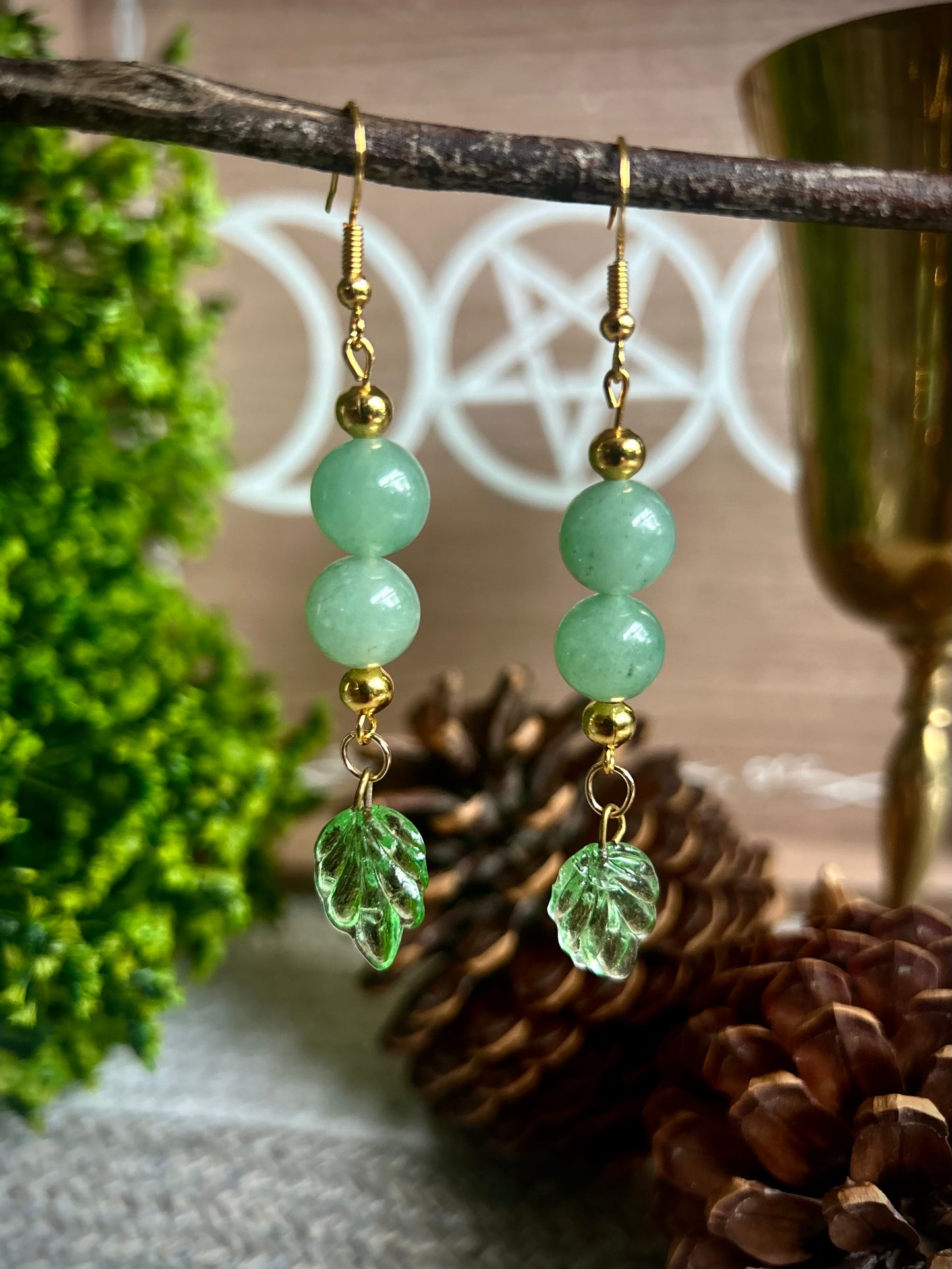Handmade Aventurine Leaf Earrings Gold