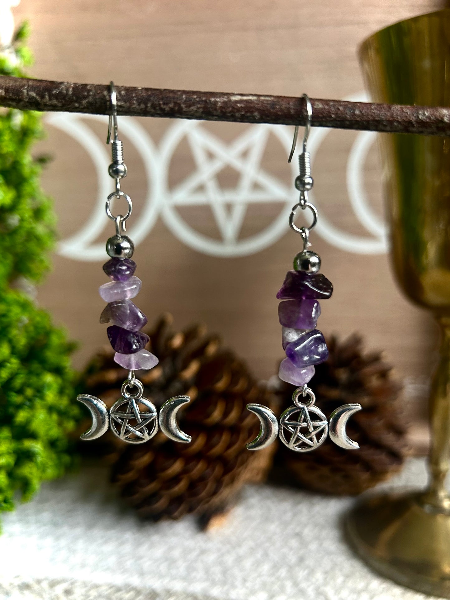 Handmade Triple Moon Amethyst Earrings