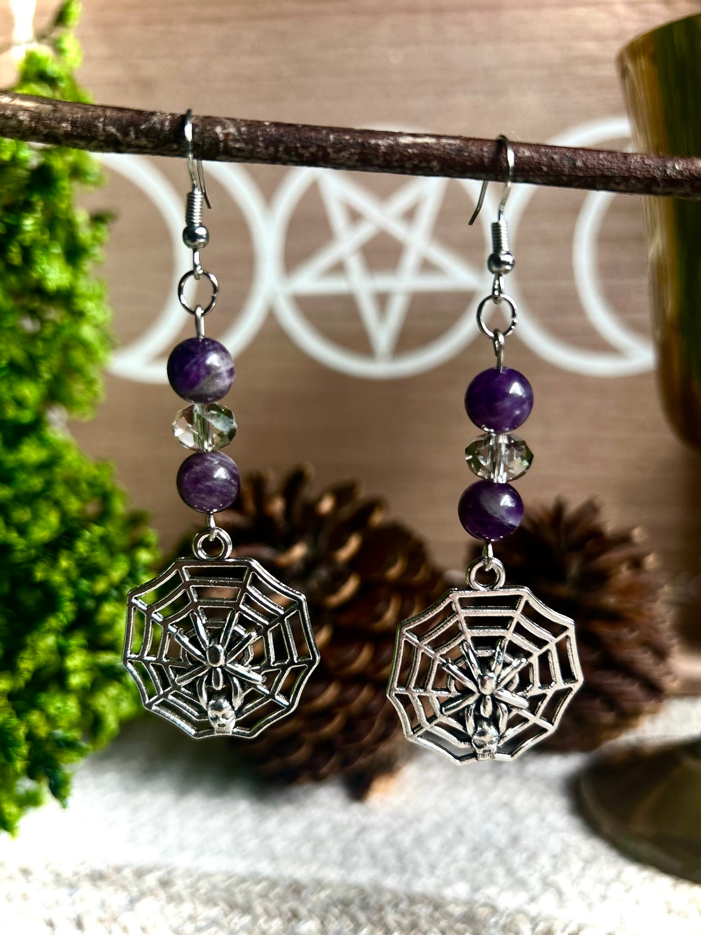 Handmade Silver Spiderweb Amethyst Earrings