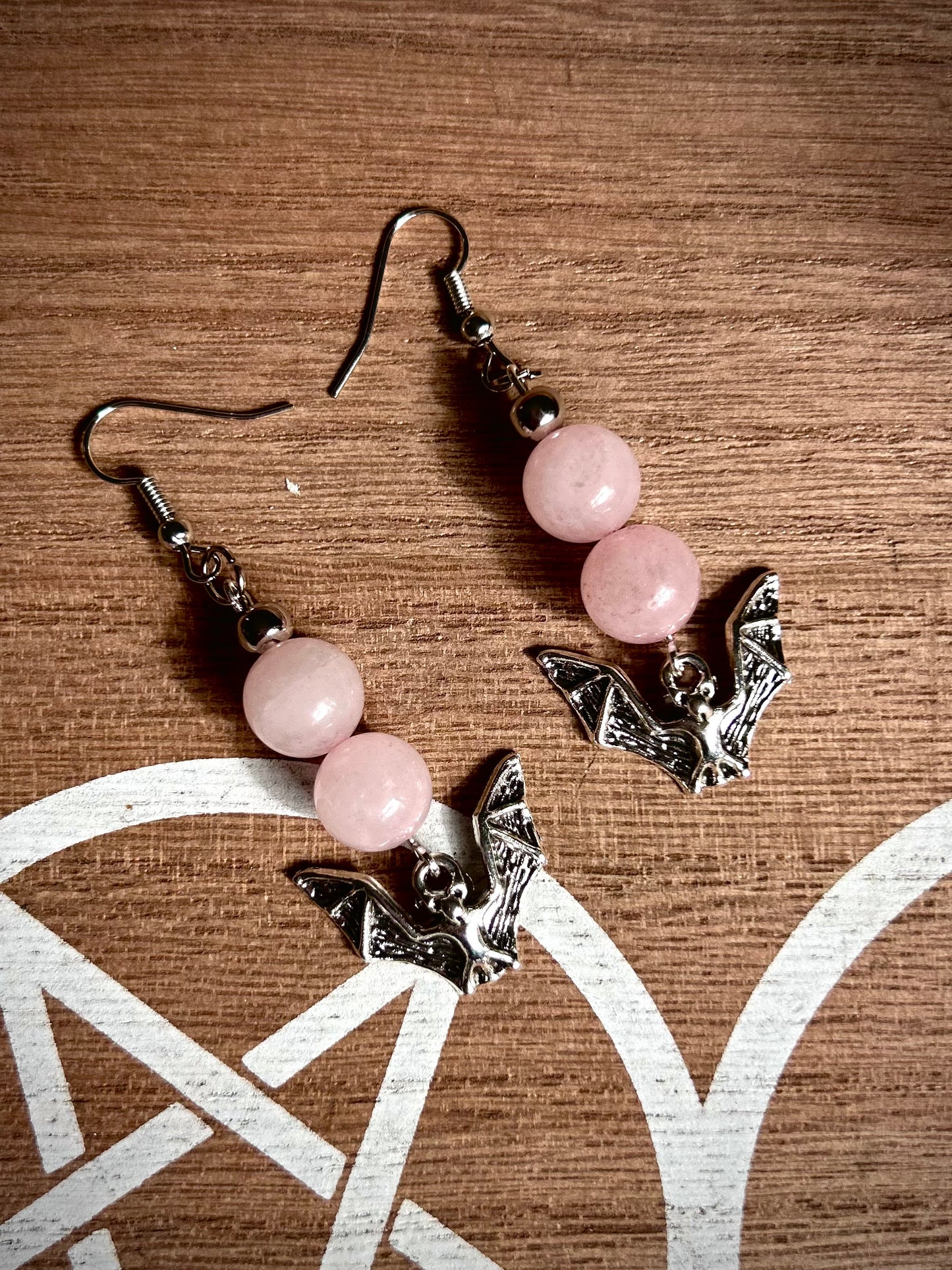 Handmade Rose Quartz Silver Bat Earrings