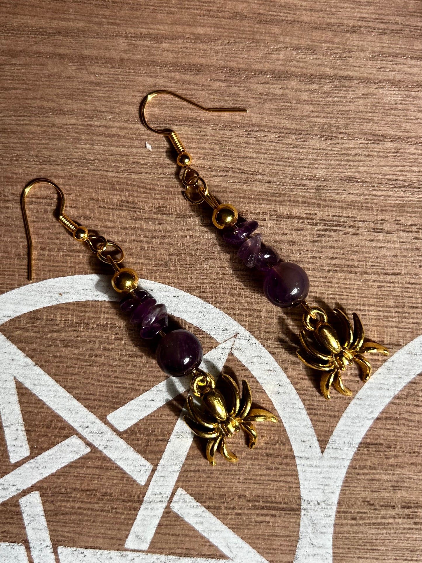 Handmade Amethyst Spider Dangle Earrings Gold