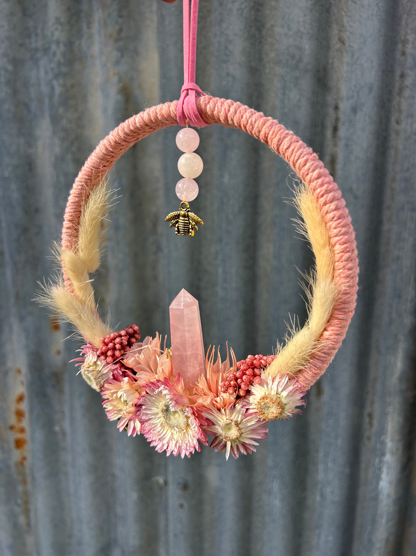 Rose quartz 'bee good' wreath