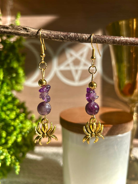 Handmade Amethyst Spider Dangle Earrings Gold