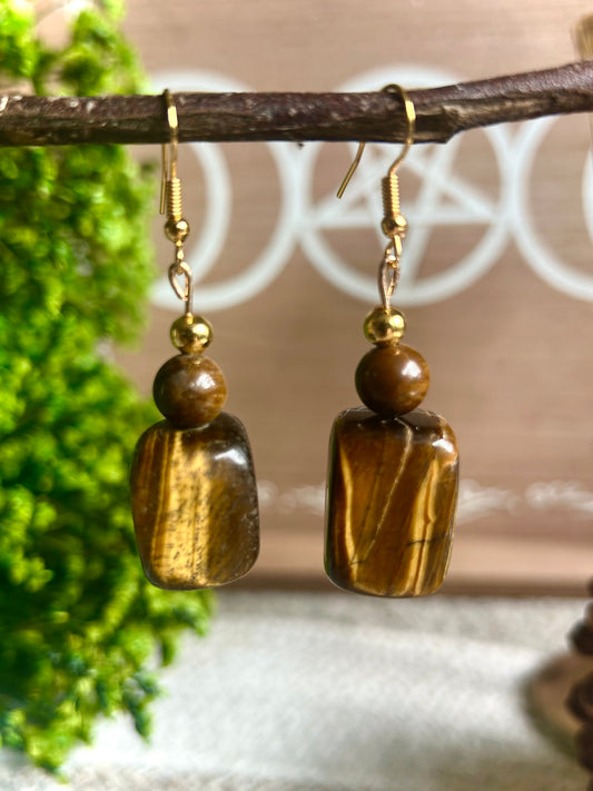Handmade Chunky Tigers Eye Earrings gold/stainless