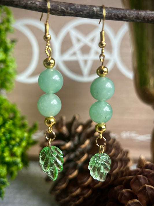 Handmade Aventurine Leaf Earrings Gold