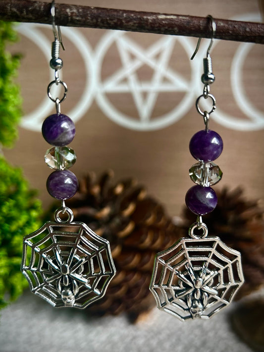 Handmade Silver Spiderweb Amethyst Earrings