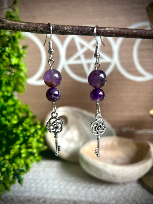 Handmade Amethyst Key Earrings Silver