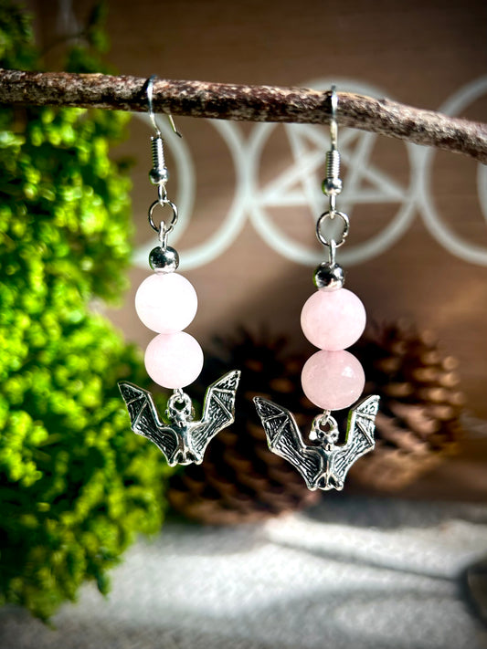 Handmade Rose Quartz Silver Bat Earrings