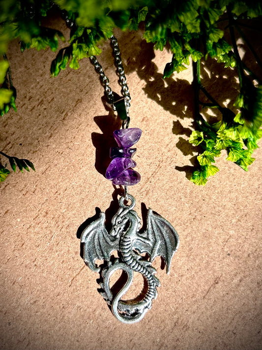 Handmade Amethyst Dragon Necklace Silver Plated