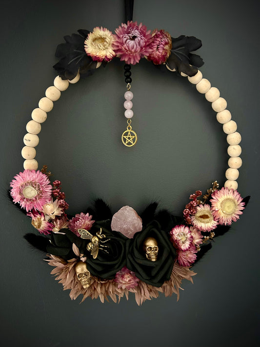 Rose Quartz 'Not Your Baby' Witches Skull Wreath Large