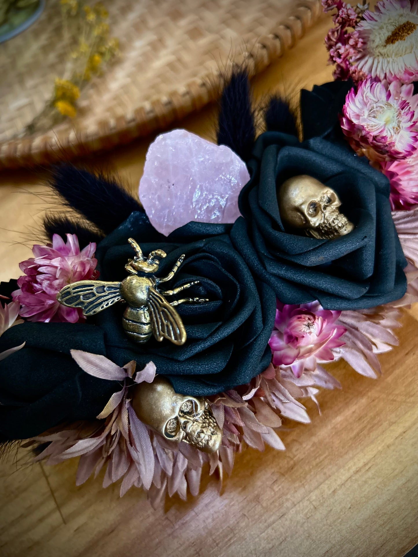 Rose Quartz 'Not Your Baby' Witches Skull Wreath Large