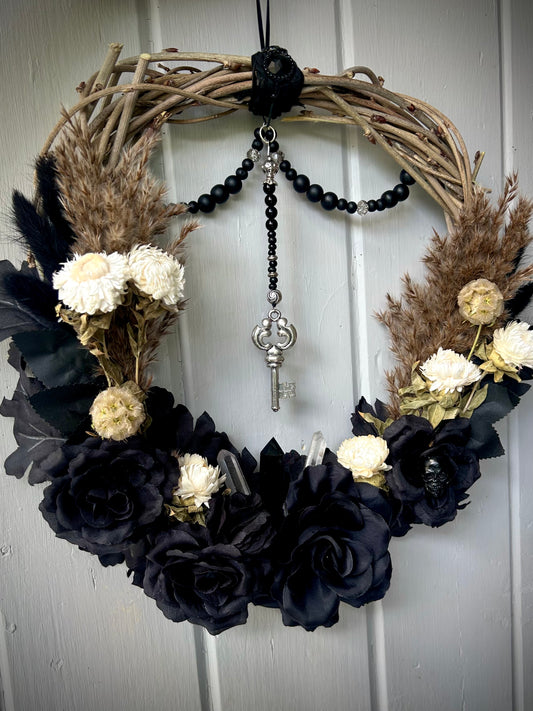 Obsidian and clear quartz wreath 'and find out' XLarge